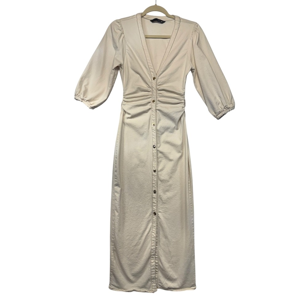 Zara Womens Cream Button Front Ruched Midi Dress Puff Sleeve Size M Off White